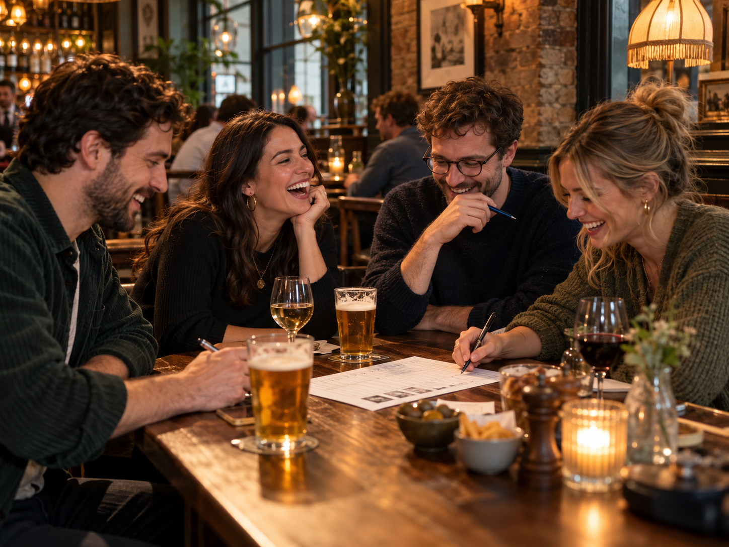 Friends enjoying a lively pub quiz