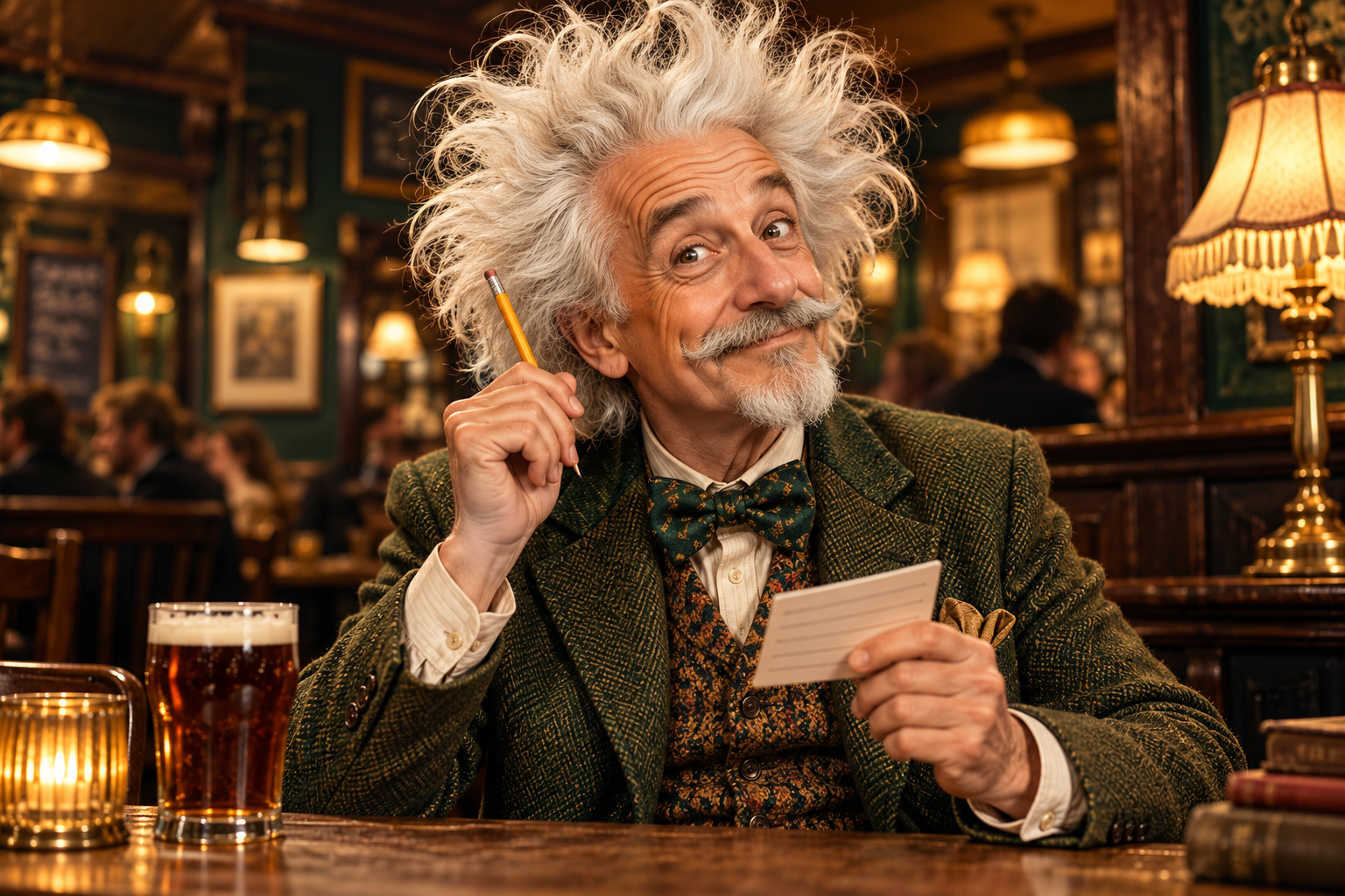 An eccentric quiz genius with wild hair in a pub