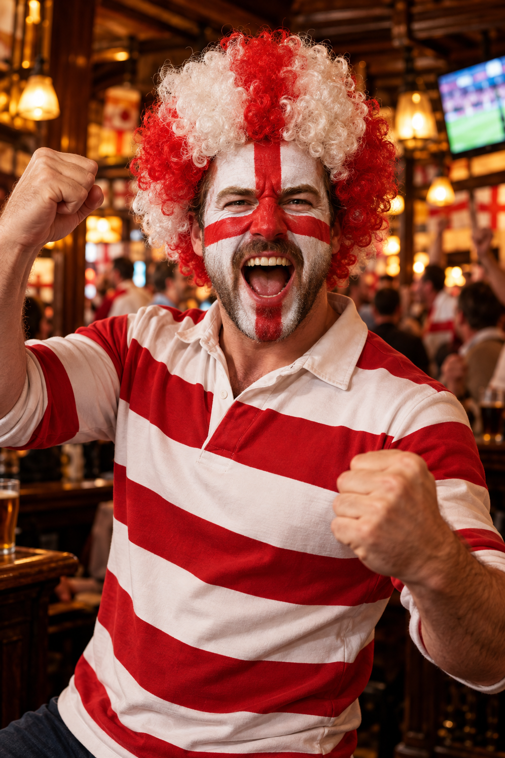 Adult man in an England-inspired rugby shirt with full red-and-white face paint and an afro wig in a lively pub