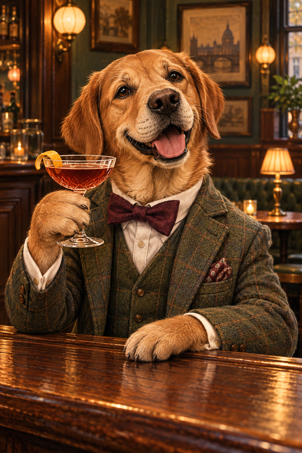 A playful pub dog holding a cocktail