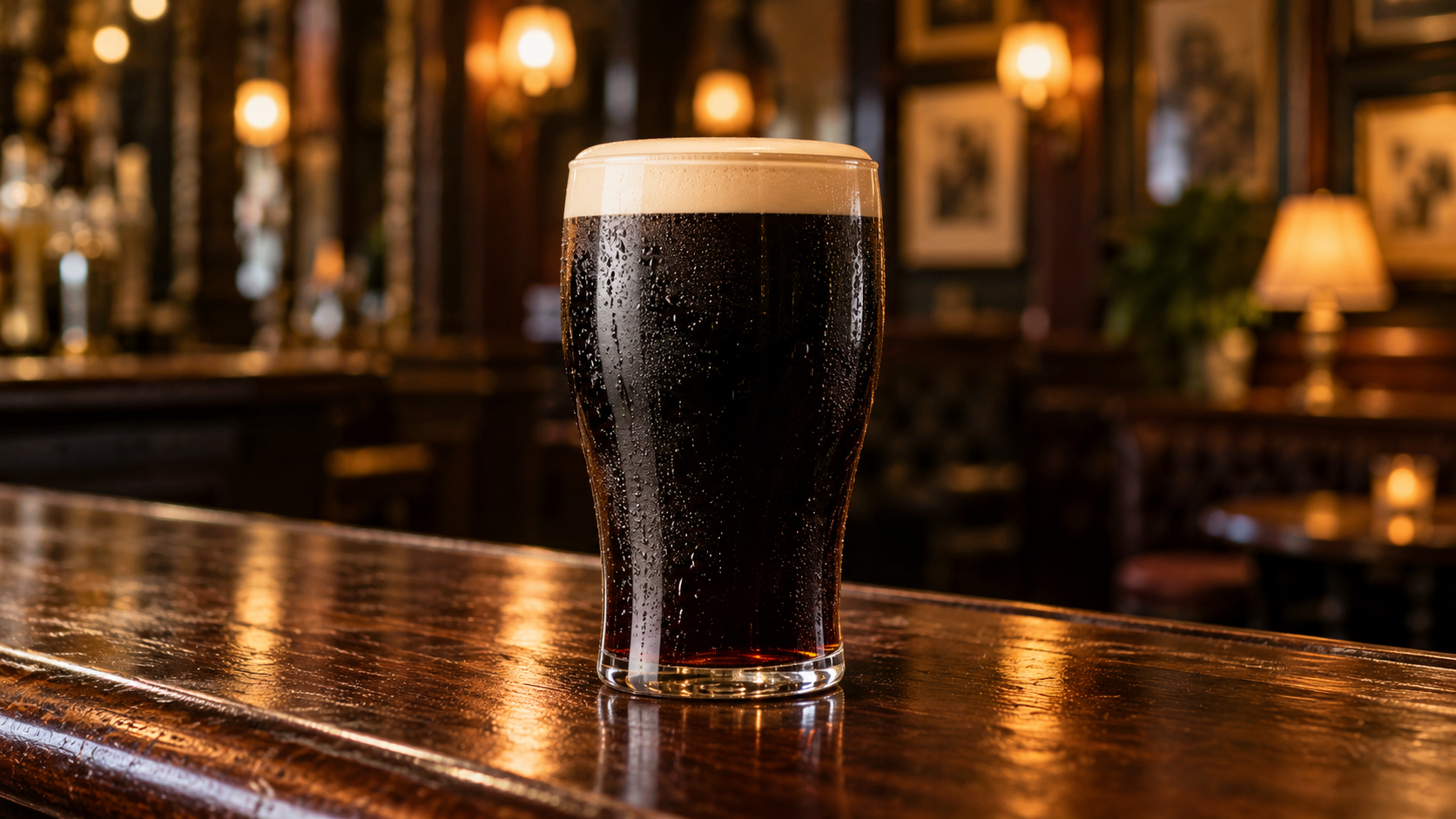 A freshly poured pint of Guinness on the bar